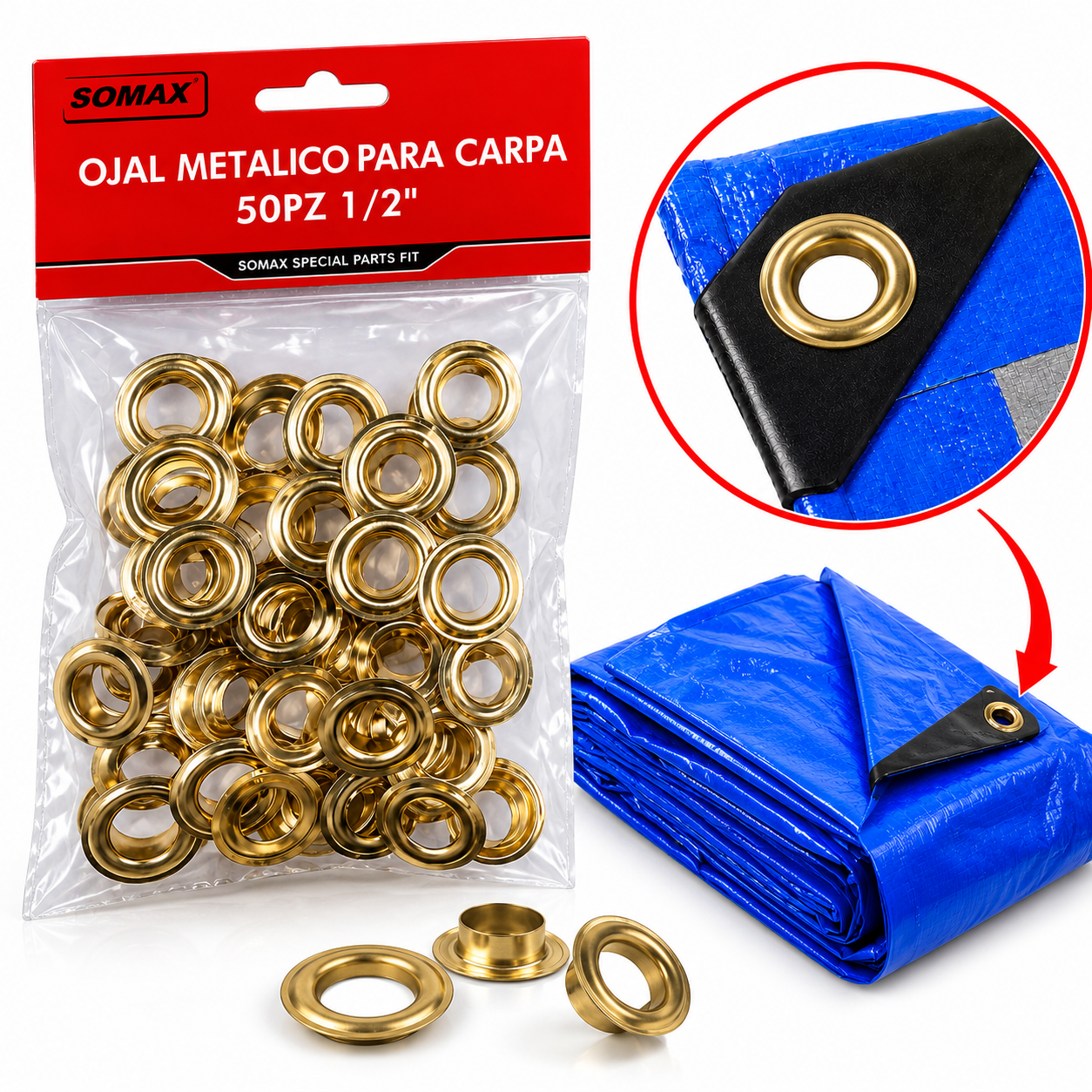 Juego de Ojales de Bronce Solmax Grandes 50 Piezas (Blíster)