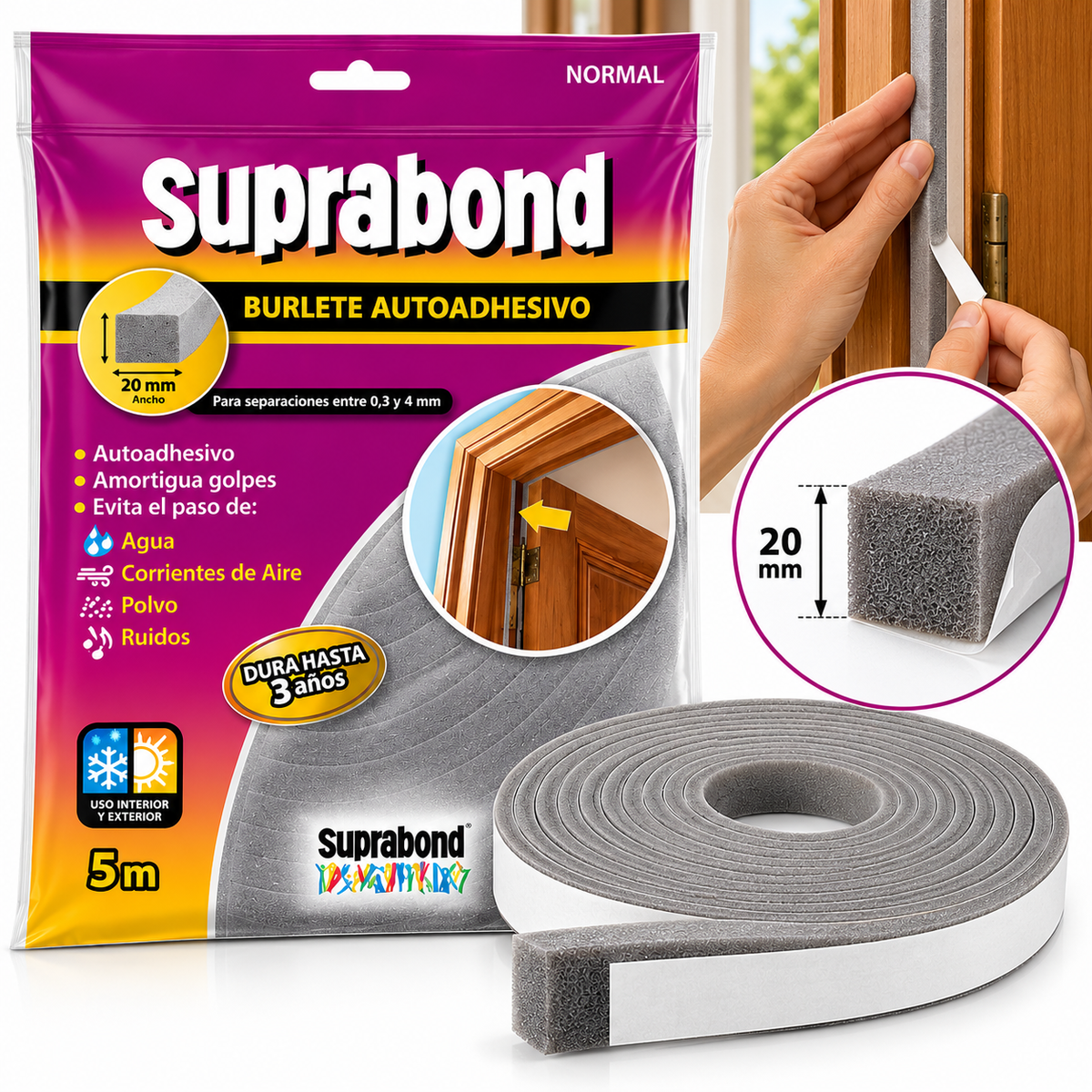 Burlete Adhesivo Gris Suprabond 20 mm x 10 mm 5 m
