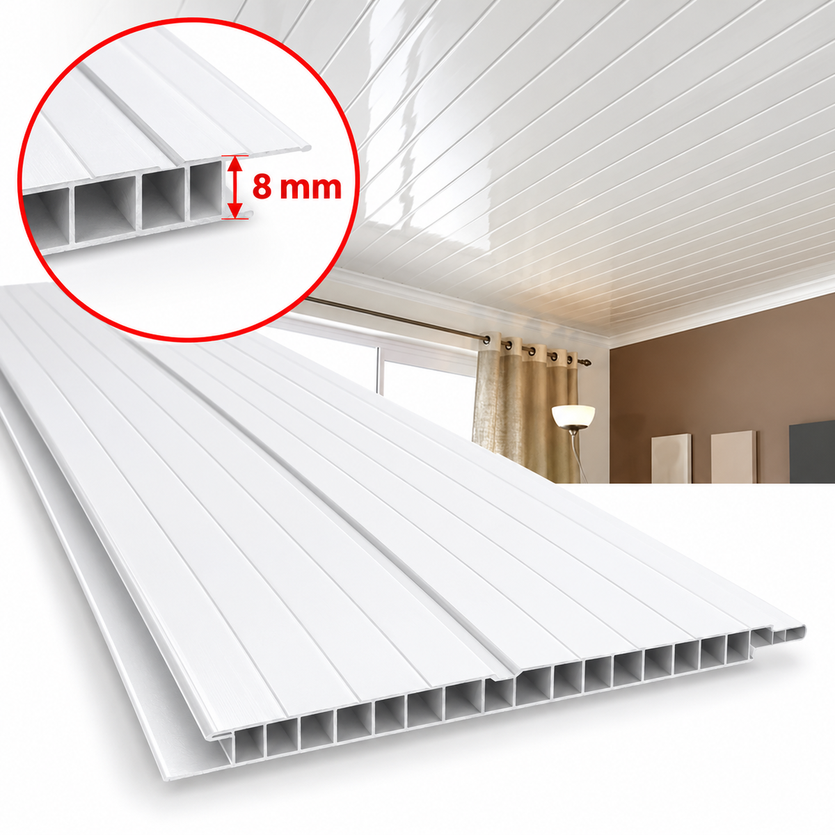 Cielo Raso de PVC Grueso 8.00 mm x 6.00 m (por Tira)