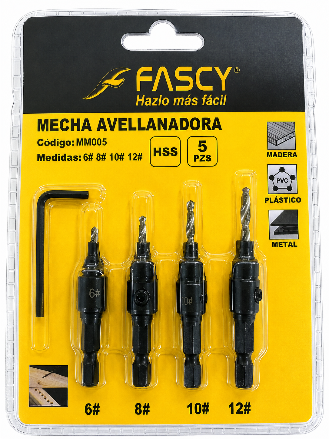 Juego de Mechas Avellanadoras para Madera 5 Piezas 6-12 mm