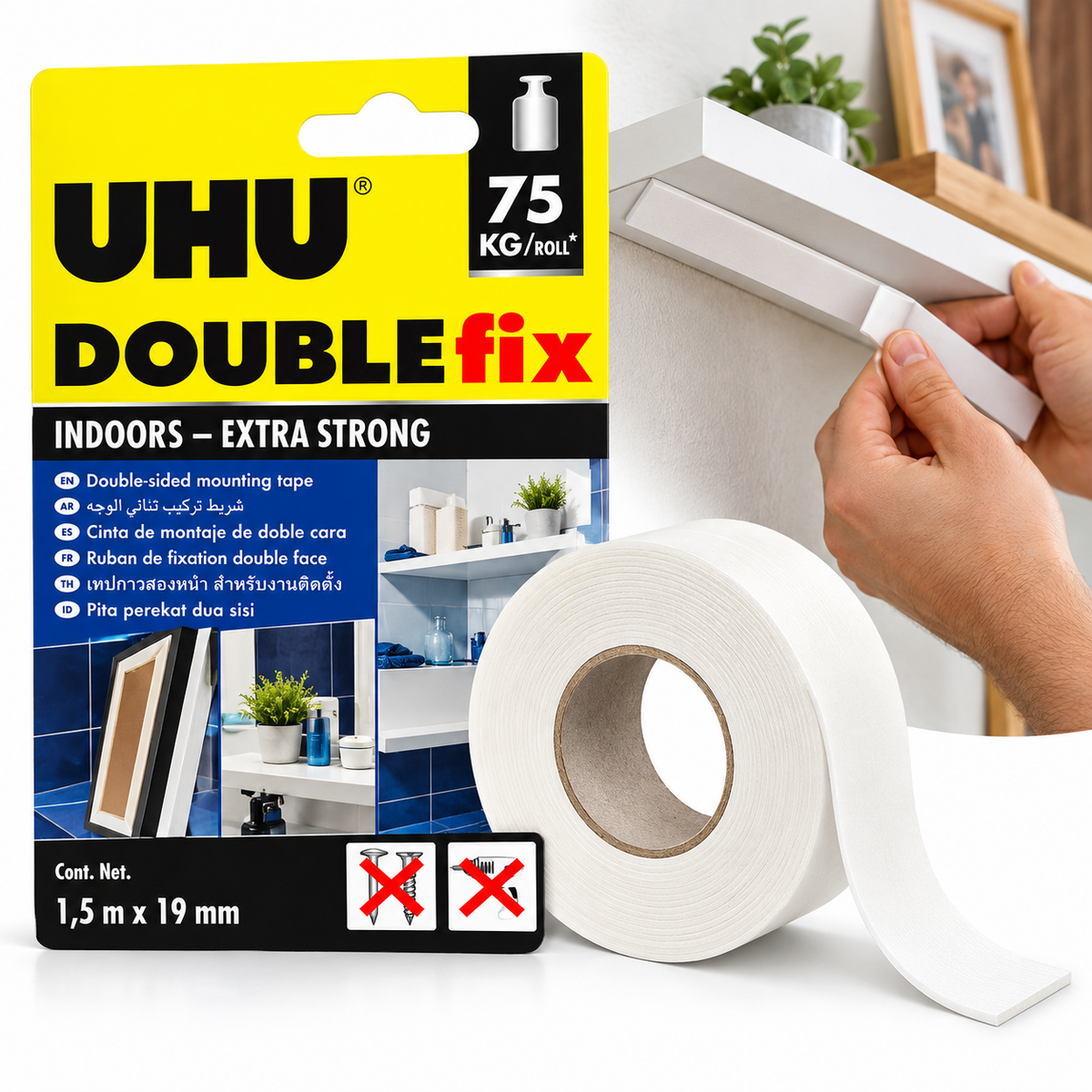 Cinta Doble Faz UHU 1.50 m x 19.00 mm