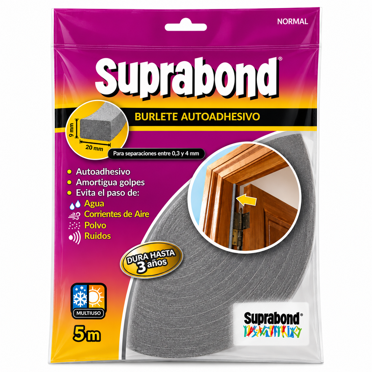 Burlete Adhesivo Gris Suprabond 20 mm x 10 mm 5 m
