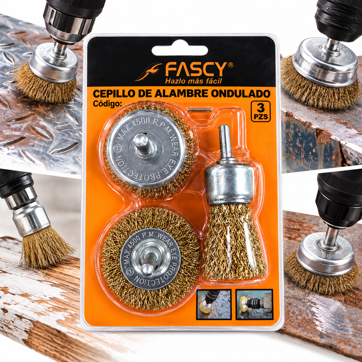 Juego de Cepillo de Acero para Taladro Fascy 3 Piezas