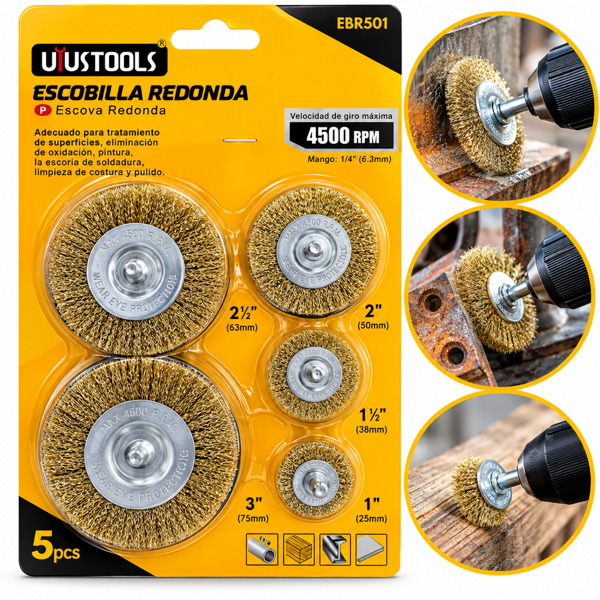 Juego de Cepillos de Acero para Taladro Uyustools 5 Piezas
