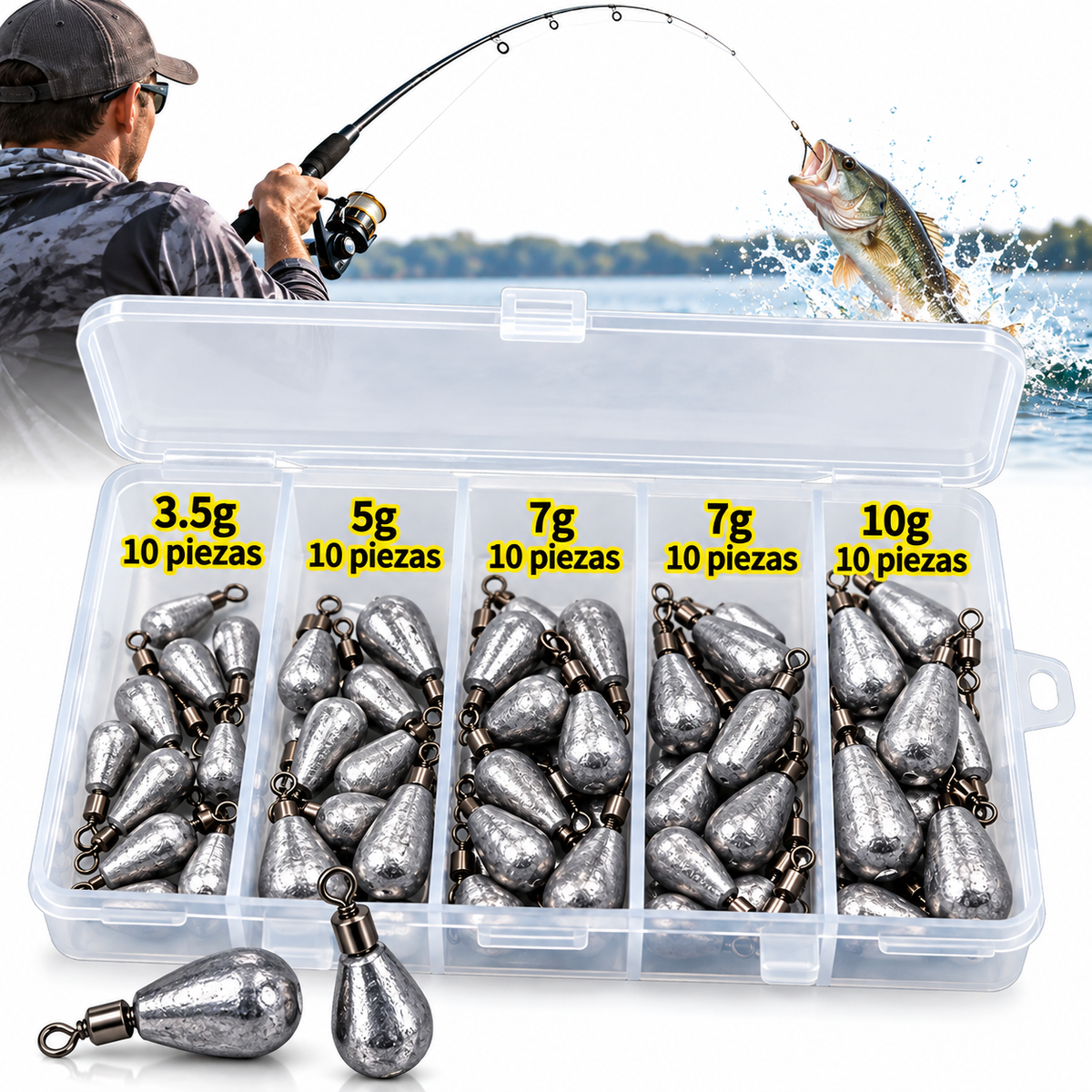 Plomada de Pesca Tipo Lágrima Mediana Kit de 50 Piezas