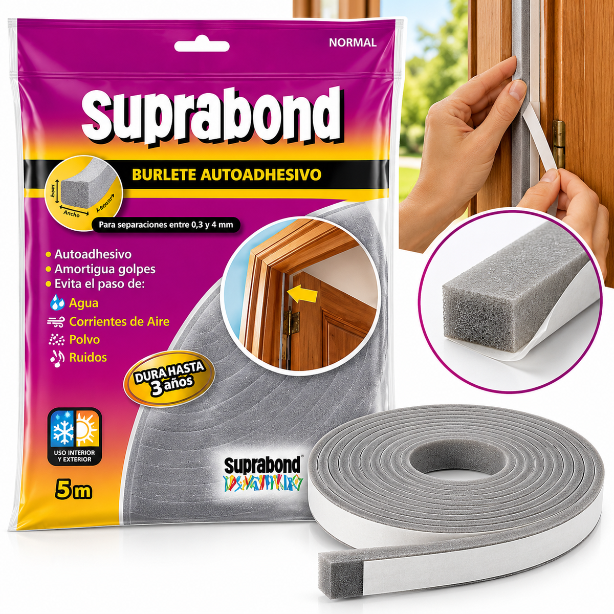 Burlete Adhesivo Suprabond Gris 10 mm x 10 mm 5 m