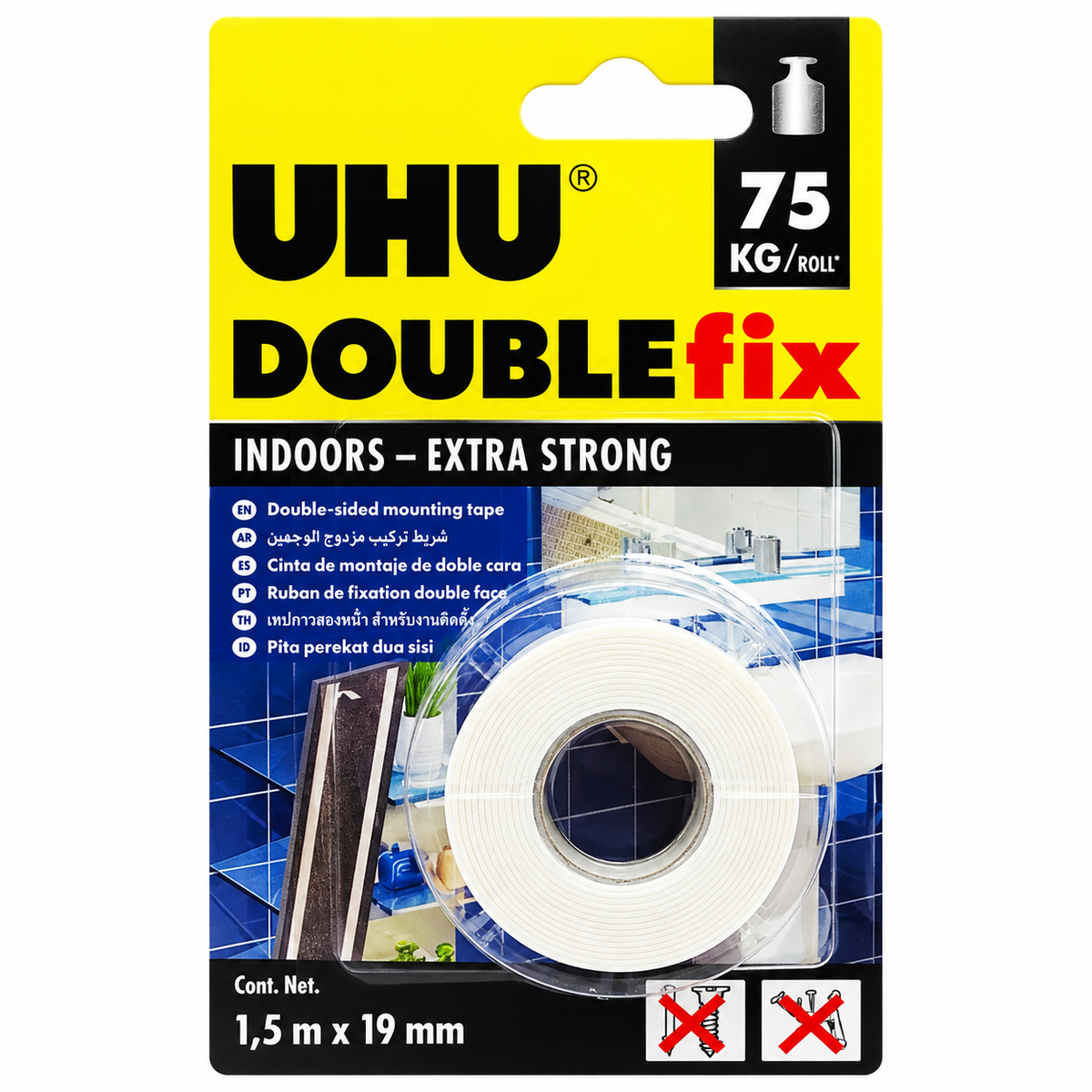 Cinta Doble Faz UHU 1.50 m x 19.00 mm