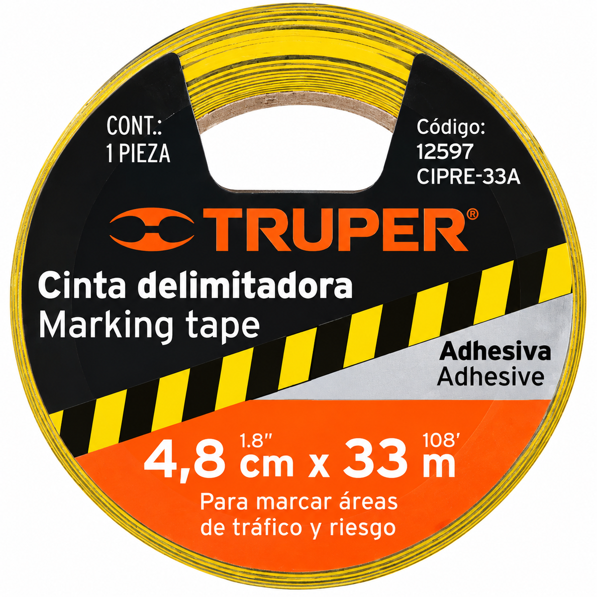 Cinta de Demarcación Autoadhesiva Truper Amarillo/Negro 33.00 Metros (Ref. 12597)