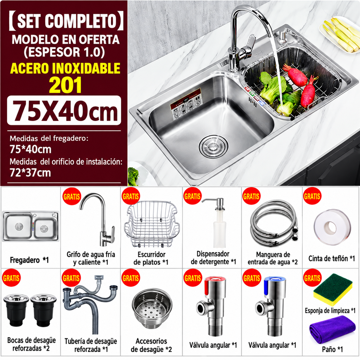Pileta Inoxidable Tottal Pro Doble Corta 75 x 40 cm con Accesorios