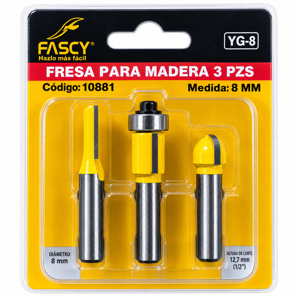 Juego de Mechas Fresadoras para Madera 8 mm (3 piezas)