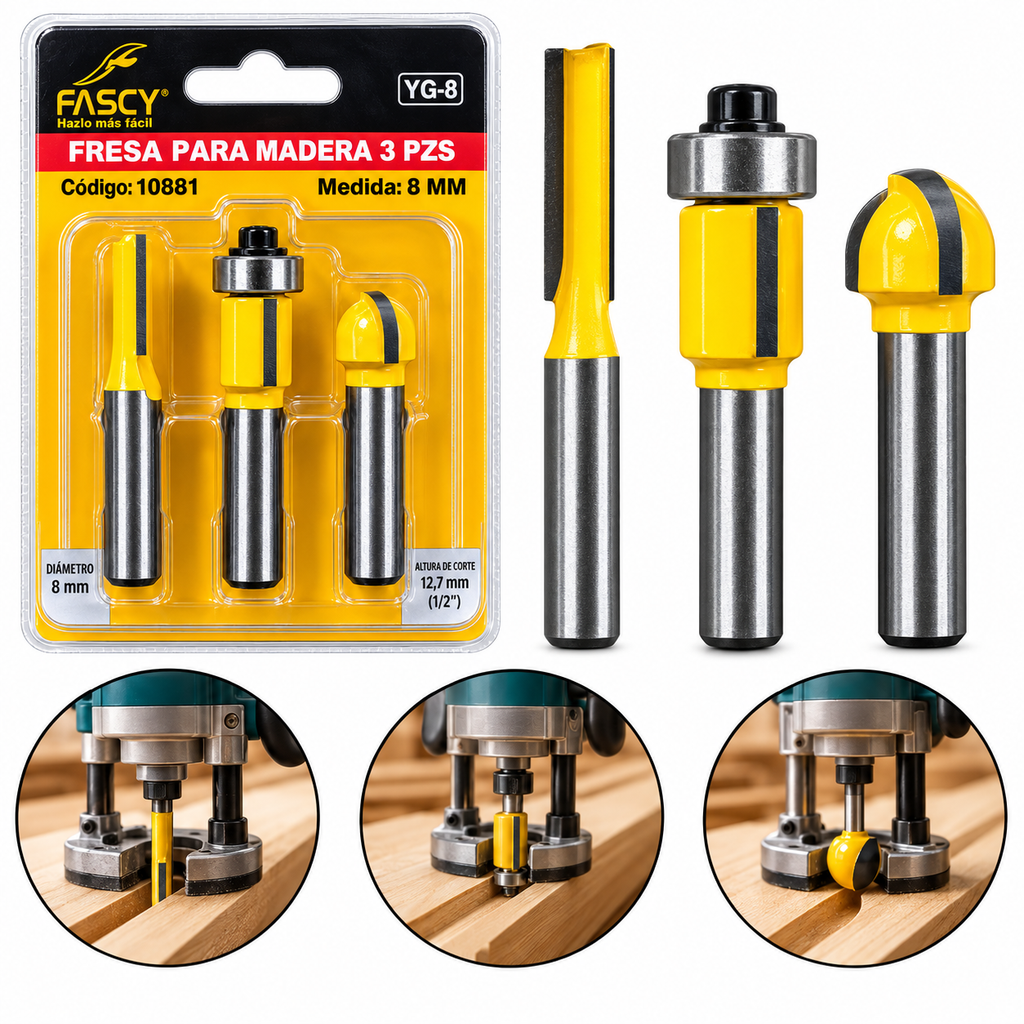 Juego de Mechas Fresadoras para Madera 8 mm (3 piezas)